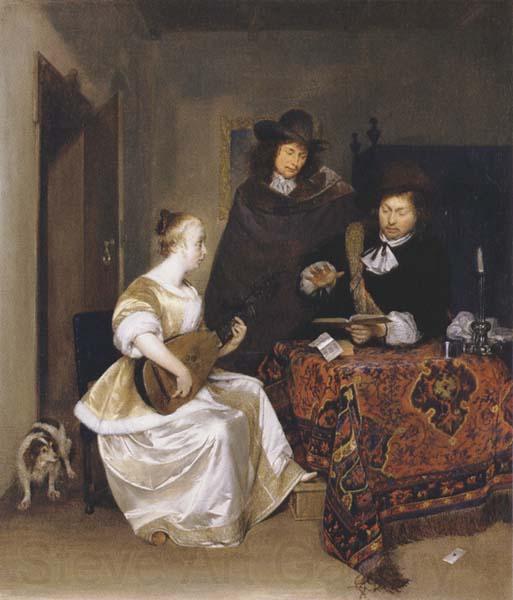 Gerhard ter Borch A Woman playing a Theorbo to two Men Norge oil painting art